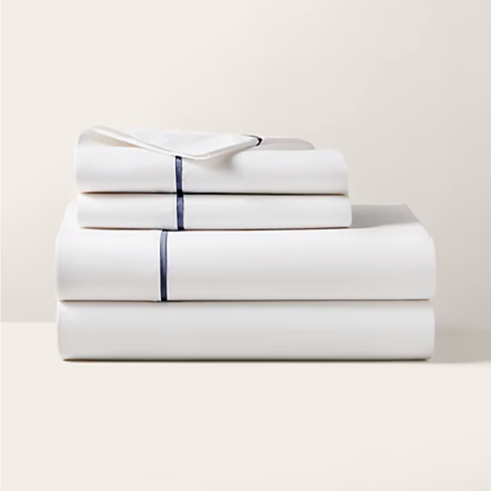 Ralph Lauren New Palmer Percale Organic Cotton‎ Navy Trim King Flat Sheet